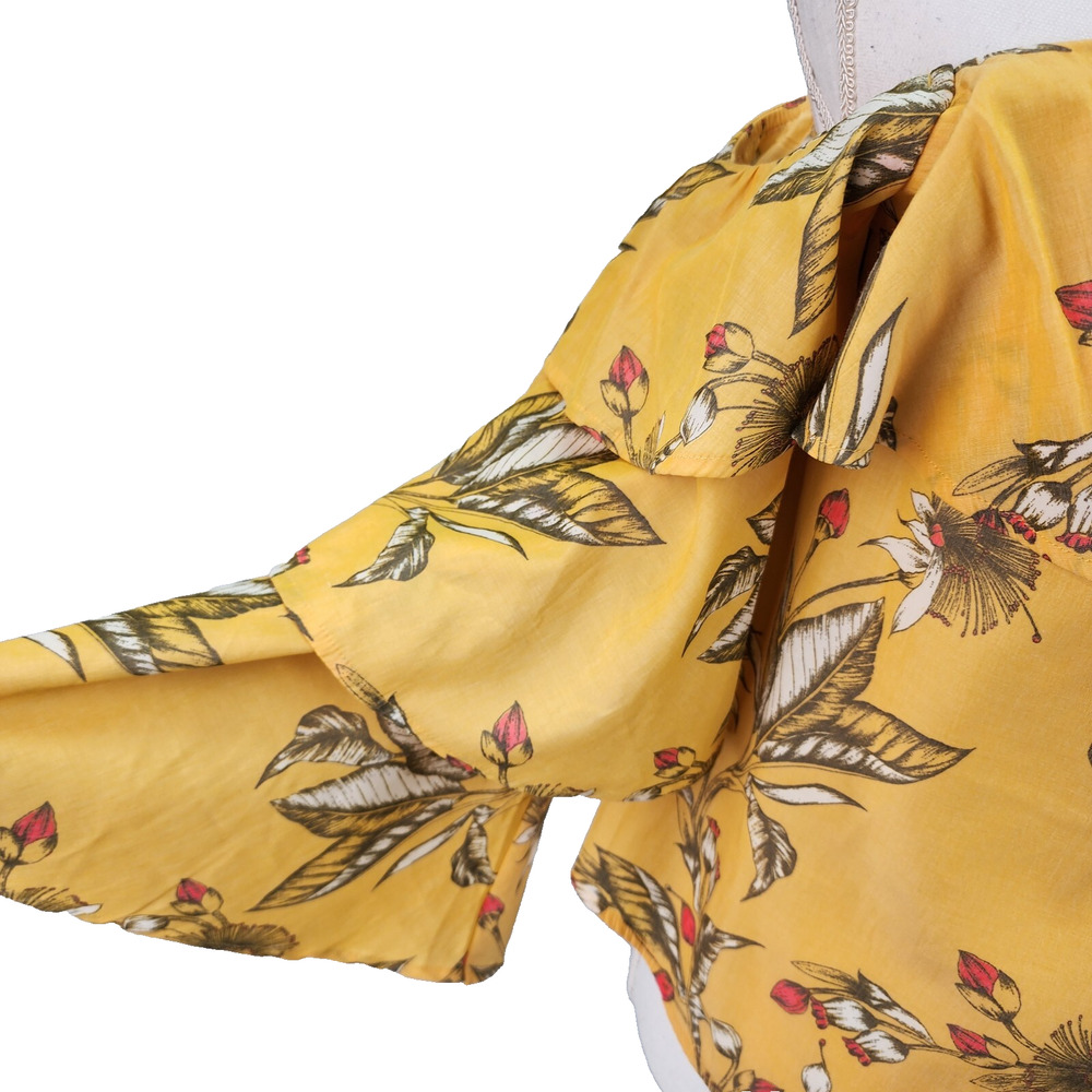 Express Women’s XS Yellow Floral Ruffle Sleeve Halter Cold Shoulder Crop Top Boh - Picture 8 of 13